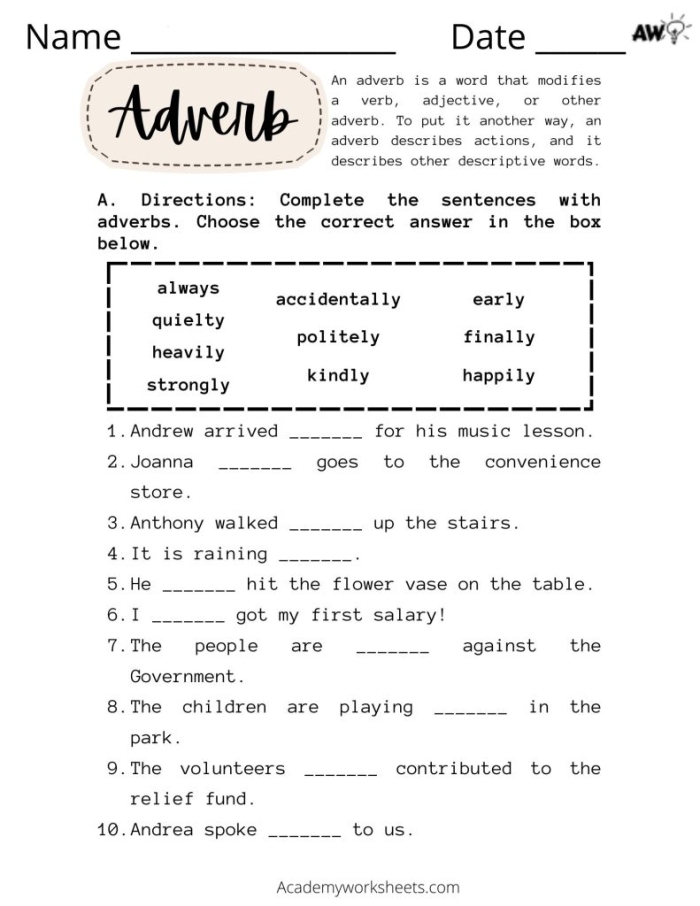 Worksheet for fifth graders focusing on identifying and using adverbs in sentences. The Job of an Adverb worksheet for enhancing descriptive language skills.