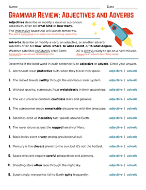 Grammar Review: Adverbs Practice Worksheet for Grade 5 Worksheet featuring adverb exercises for fifth-grade students