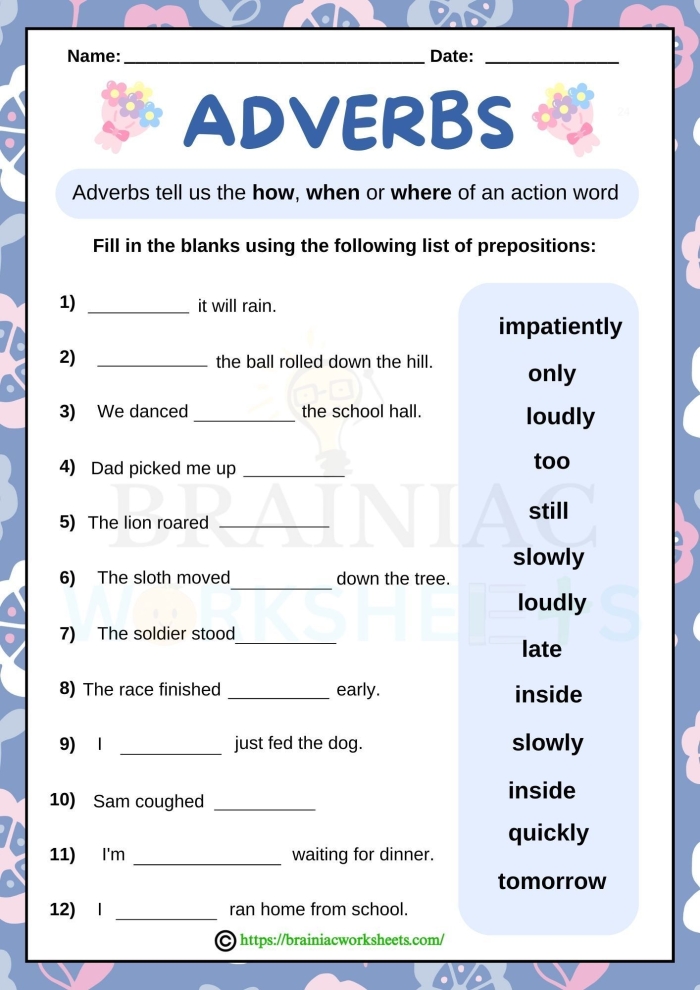 Grammar Review: Adverbs Practice Worksheet for Grade 5 Worksheet featuring adverb exercises for fifth-grade students