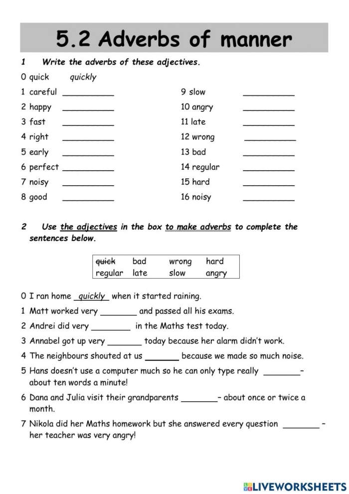 Grammar Review: Adverbs worksheet for practicing adverb identification and usage Worksheet featuring grammar exercises on adverbs for fifth-grade students