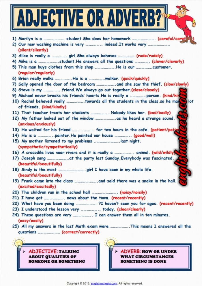 Adverbs practice worksheet for students in grade five Fifth grade grammar review worksheet featuring adverb identification and correction exercises