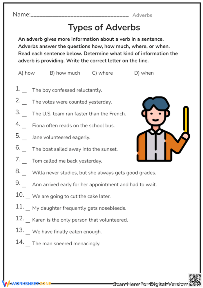 Reading worksheet for Fifth Grade Worksheet for fifth graders focusing on adverbs with practice problems for identification, writing, and correction. Grammar Review: Adverbs worksheet for enhancing reading skills in Grade 5.
