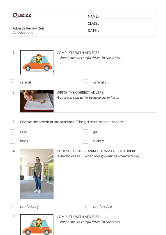 Worksheet image for fifth grade grammar: Adverbs practice exercise Adverbs grammar review worksheet featuring practice problems for fifth graders