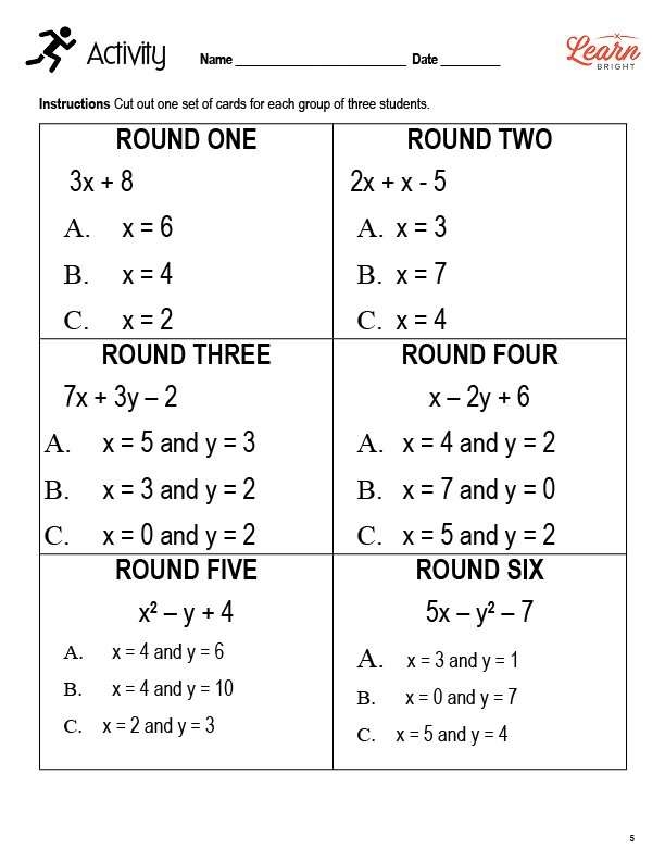Find the Value of the Expression worksheet for Grade 5 students Worksheet for fifth graders to practice finding the value of algebraic expressions