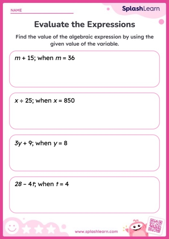 Fifth-grade algebra worksheet on finding expression values for students. A great resource for practicing variables and equations. Worksheet for finding the value of expressions, designed for fifth graders. Practice variables and algebra with this engaging worksheet.