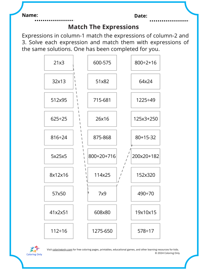 A simple algebra worksheet designed for fifth-grade students to master variables Worksheet for fifth graders to practice finding the value of algebraic expressions