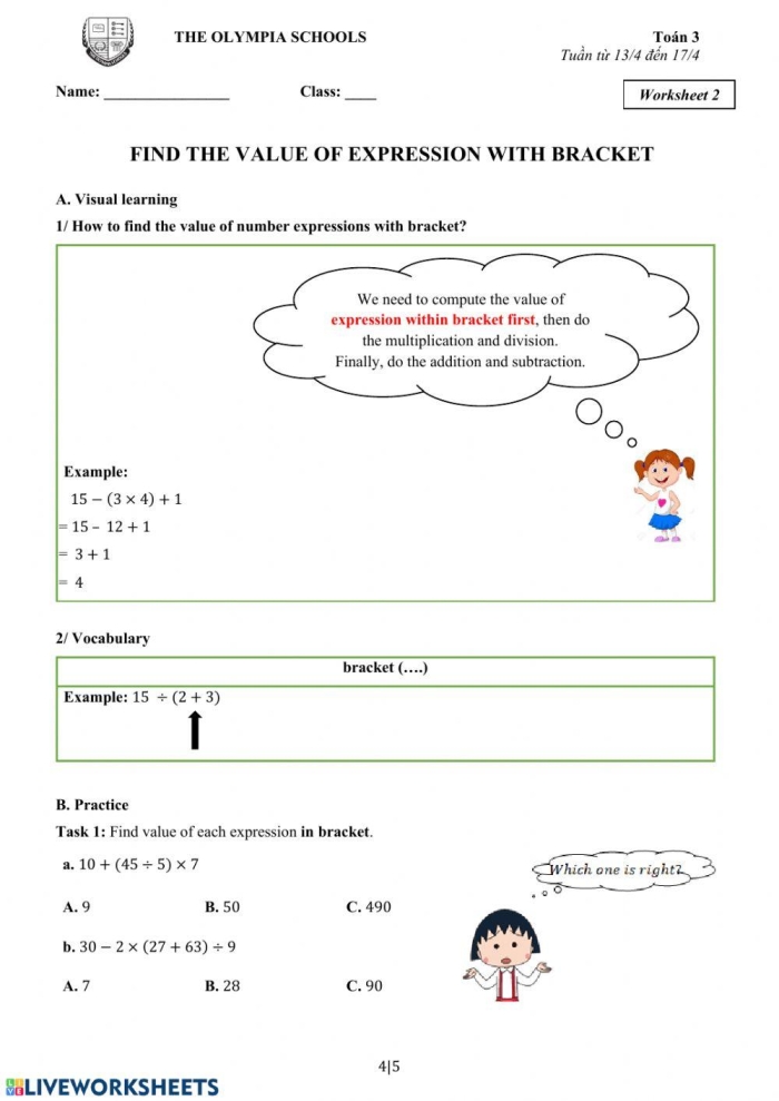Educational resource for practicing variable expressions in fifth grade mathematics Worksheet featuring an algebra expression for fifth graders to solve for variable values