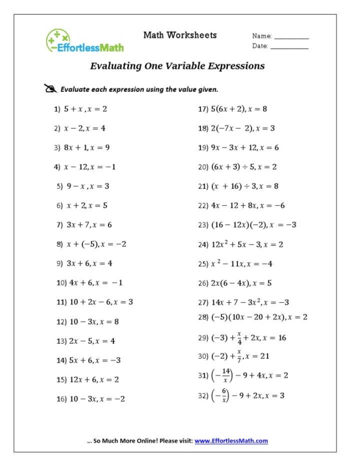 Algebra practice worksheet for fifth graders focusing on expressions Fifth grade worksheet for finding the value of algebraic expressions