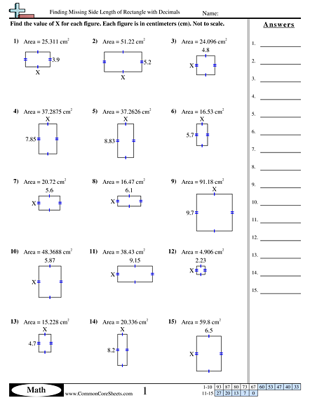 Rectangle Algebra: Find the Missing Length Worksheet for Fifth Graders Worksheet for finding missing rectangle lengths using algebraic equations