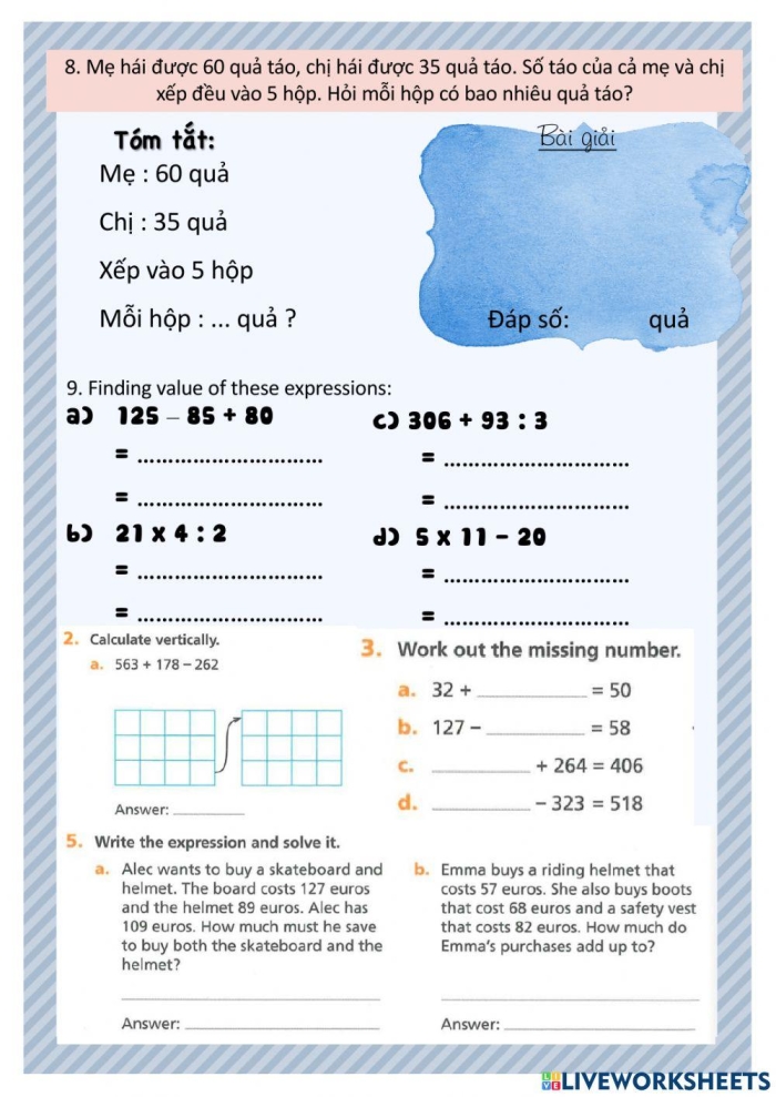 Find the Value of the Expression - Worksheet for Grade 5 Worksheet for fifth graders to practice finding the value of algebraic expressions