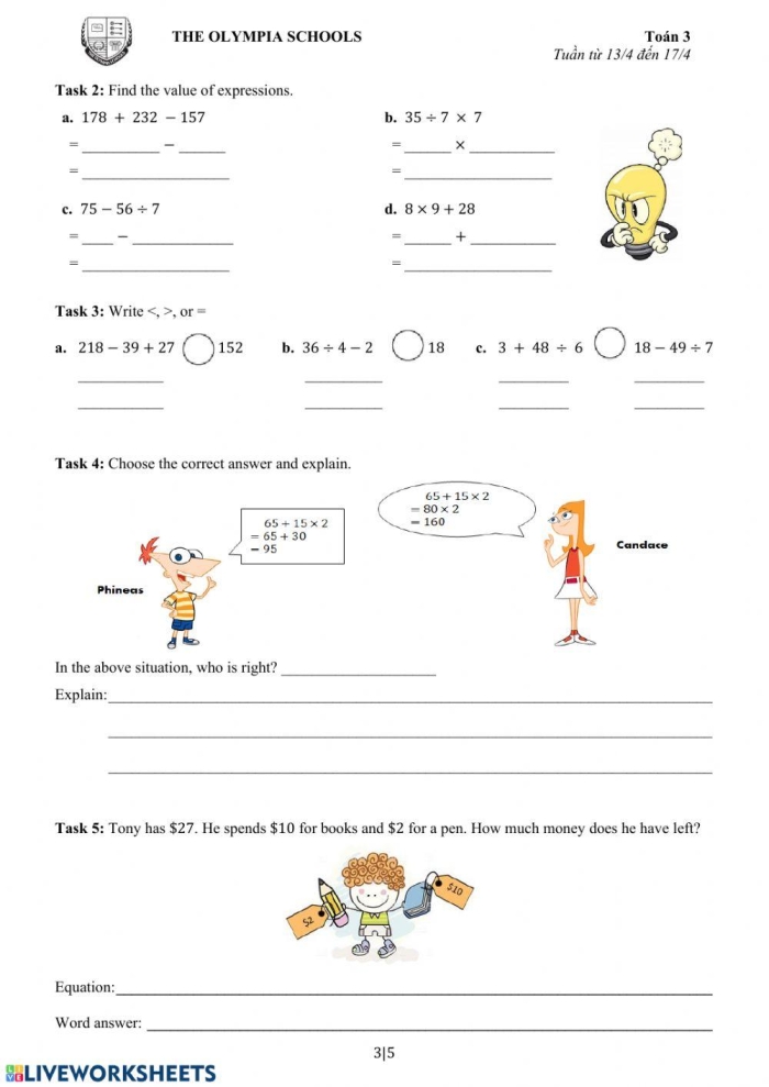 Algebra practice worksheet for fifth grade students to solve variable expressions Worksheet for finding the value of algebraic expressions aimed at fifth graders