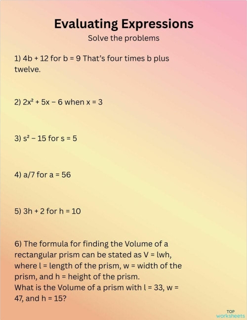 Find the Value of the Expression worksheet for fifth grade students Worksheet for fifth graders to practice finding the value of algebraic expressions