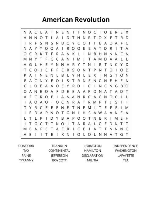 Fifth grade American Revolution word search activity sheet featuring colonial history themes
