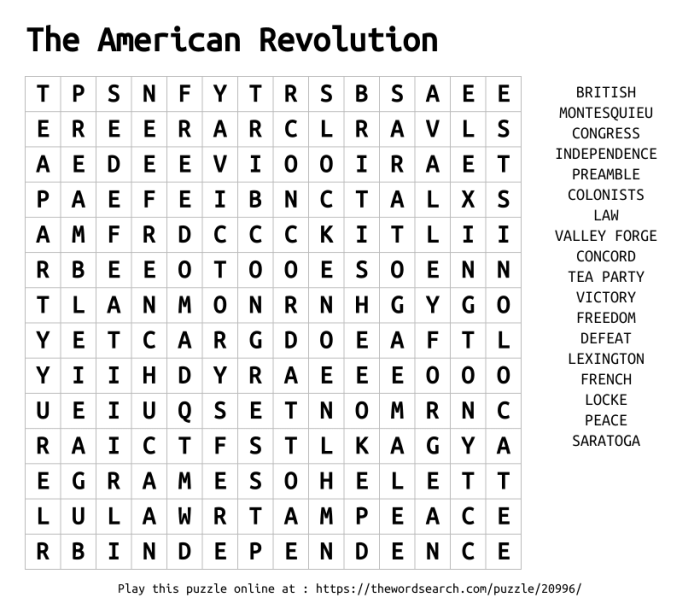 American Revolution word search worksheet featuring historic battlefields and cities for fifth graders