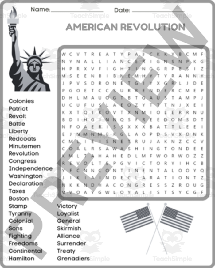 American Revolution word search worksheet for fifth graders featuring historic locations