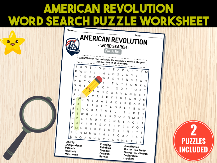 Fifth grade students completing a patriotic American Revolution word search activity focusing on historic battlefields and cities