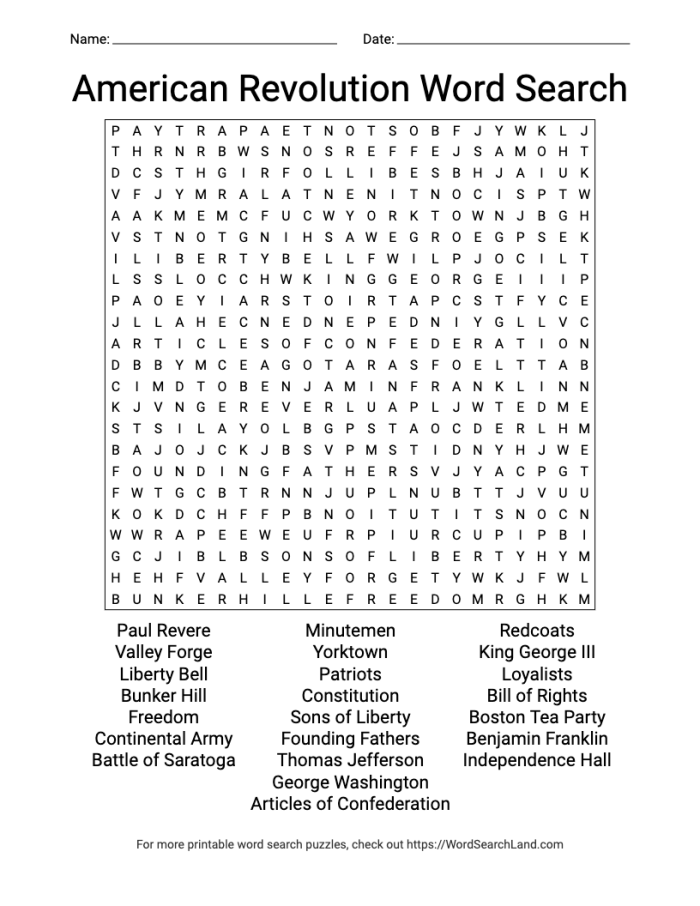 American Revolution word search worksheet featuring historic battlefields and cities for fifth graders