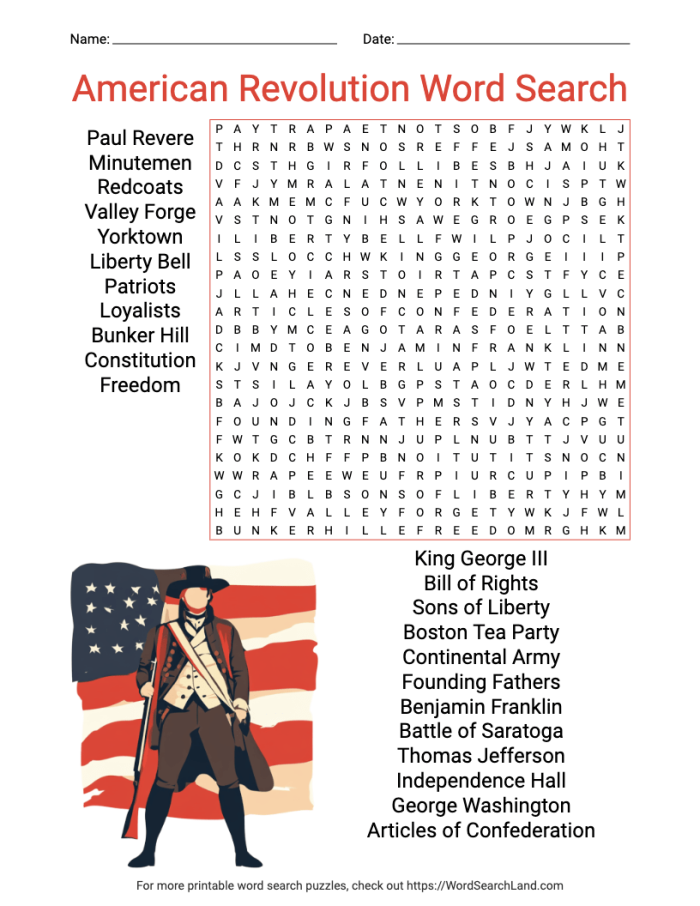 Fifth grade students completing an American Revolution themed word search puzzle about historic battlefields