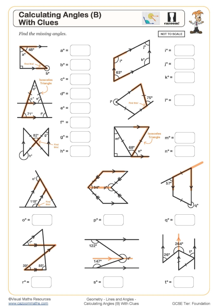 Geometry Review Angles and Polygons Practice Sheet 19 Fifth grade geometry review worksheet showing angle types, triangle classifications, and polygon shapes for educational practice