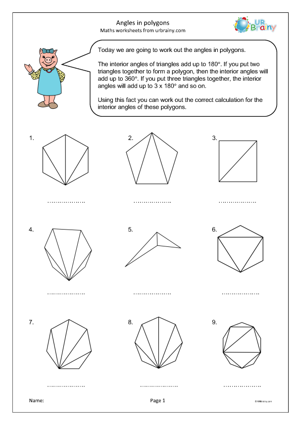 Geometry angles and polygons review activity for elementary students Fifth grade geometry review worksheet showing angles and polygon examples for practice