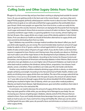 Mentor text for enhancing essay writing skills in reading class Worksheet for fifth graders on writing argument essays about sugary drinks