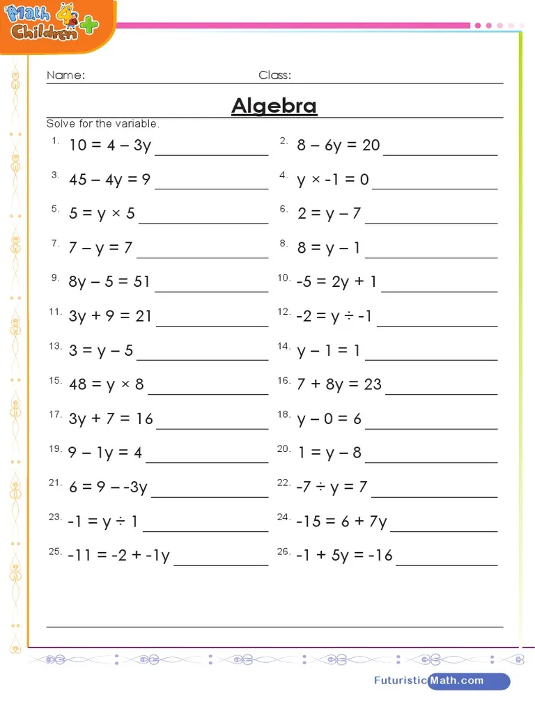 Mixed Operations worksheet for Fifth Grade Colorful pumpkins and autumn leaves surround a fifth-grade pre-algebra equations worksheet. Engaging pre-algebra equations for fifth graders featuring a fun fall theme.