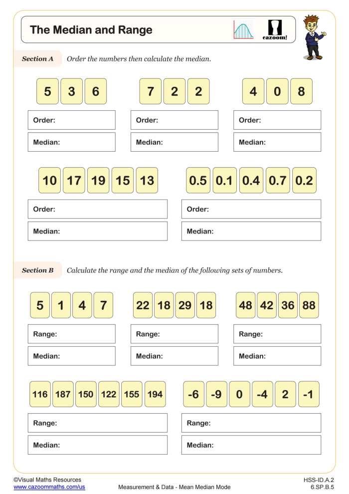 Finding the Average: Mean, Median, and Mode Worksheet for Grade 5 Worksheet for fifth graders on calculating mean, median, and mode averages