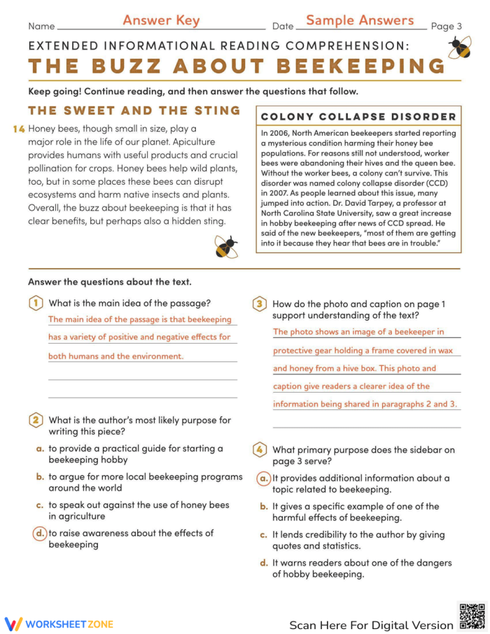 Colorful infographic showcasing beekeeping facts and benefits for students. Extended Informational Reading Comprehension: The Buzz About Beekeeping worksheet image.