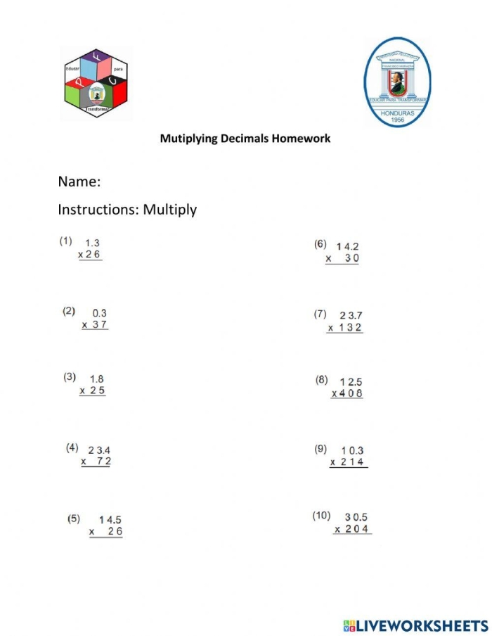 Fifth grade math worksheet showing a step-by-step guide to multiplying decimals with money and time problems