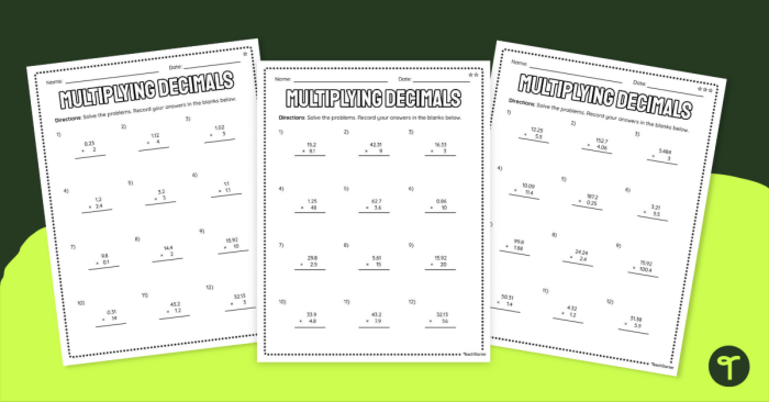 Fifth grade students practicing decimal multiplication problems with step-by-step examples on a math worksheet