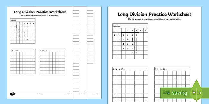Fifth grade long division practice worksheet featuring cute illustrations