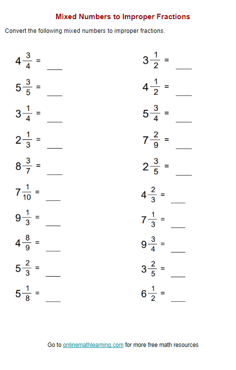 Fifth grade math worksheet for identifying mixed and improper fractions