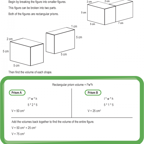 Fifth grade student worksheet for calculating the volume of complex irregular 3D shapes