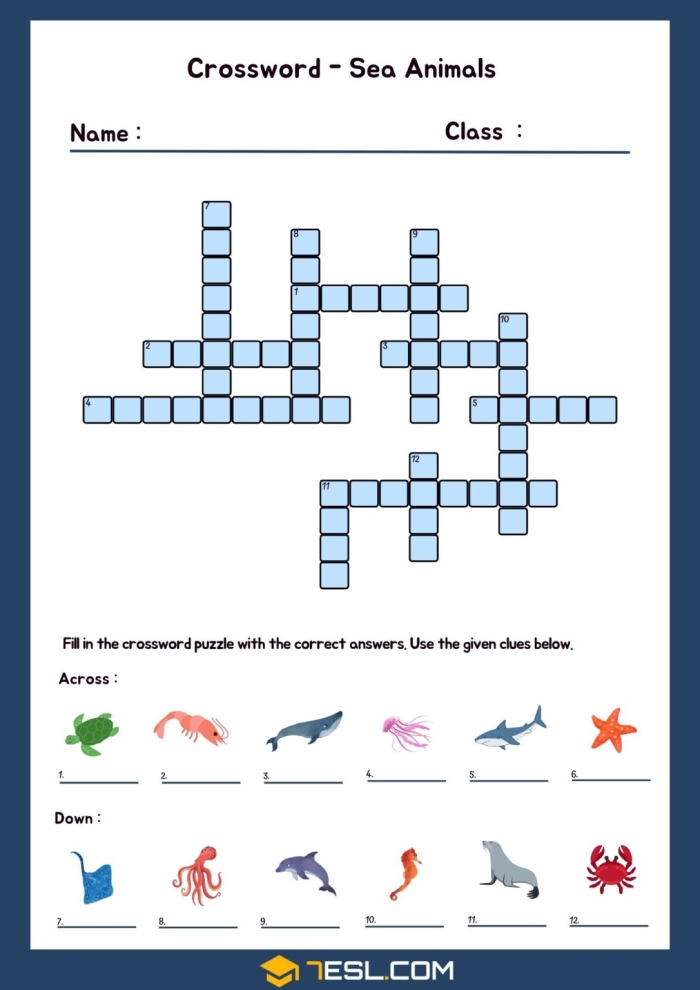 Fifth grade ocean animals crossword puzzle worksheet featuring sea life clues