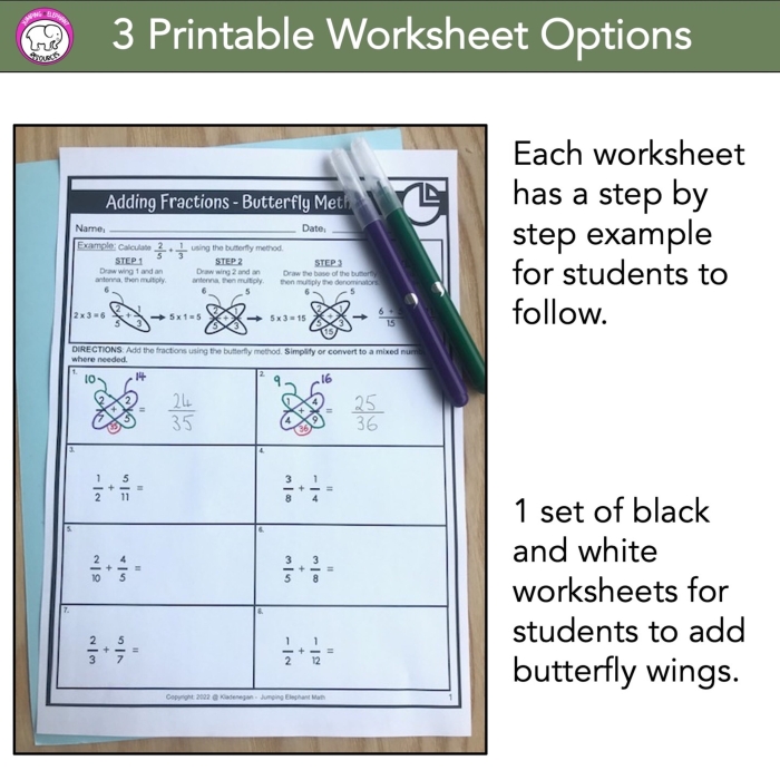 Worksheet illustrating the butterfly method for subtracting fractions