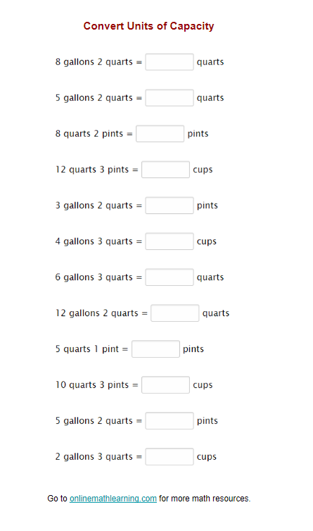 Fifth grade student completing a capacity conversion worksheet involving cups, pints, quarts, and gallons
