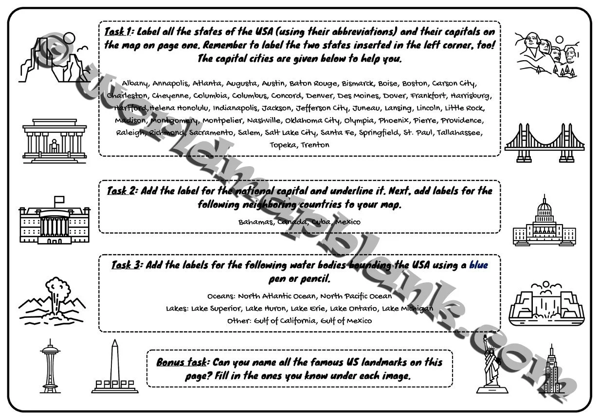Engaging U.S. Map With Capitals worksheet for students to explore state geography U.S. map worksheet for fifth graders featuring state capitals for a fill-in-the-blank challenge