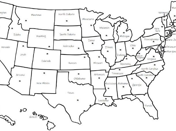 Interactive U.S. map activity that challenges students to learn state capitals and names U.S. Map with Capitals worksheet for fifth graders to fill in state names using capitals as hints