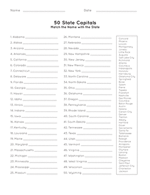 Fifth grade geography worksheet for students to practice handwriting by matching each US state with its capital city