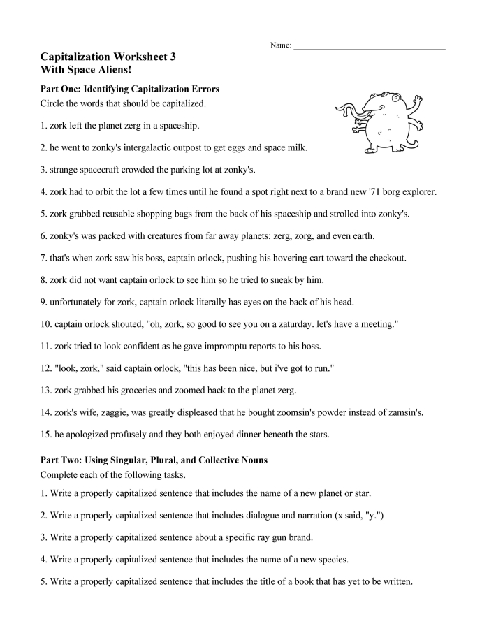 Capitalization practice activity for time and money topic Children rewriting sentences on the Capitalization Check-In worksheet for fifth graders