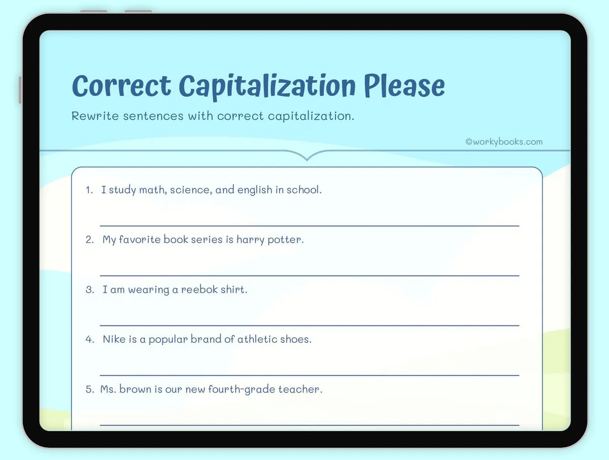 Time and Money worksheet for Fifth Grade Fifth graders engaging with the Capitalization Check-In worksheet by rewriting sentences. Image showing students focused on practicing proper capitalization skills.