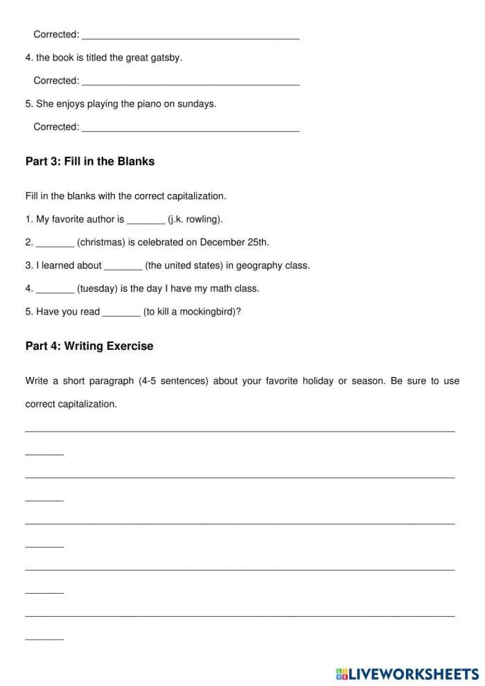 Time and Money worksheet for Fifth Grade Fifth grade students engaging with the Capitalization Check-In worksheet, rewriting sentences for practice. Worksheet image showing capitalization exercises for time and money concepts.