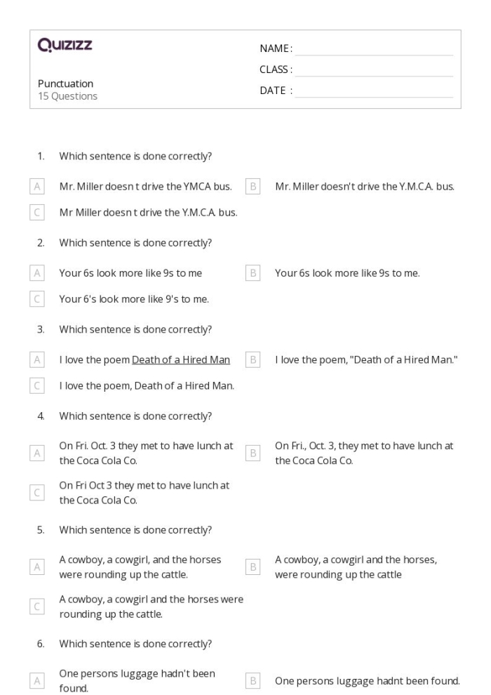 Fifth grade students rewriting a paragraph with proper capitalization and punctuation marks for the Perfect Punctuation worksheet