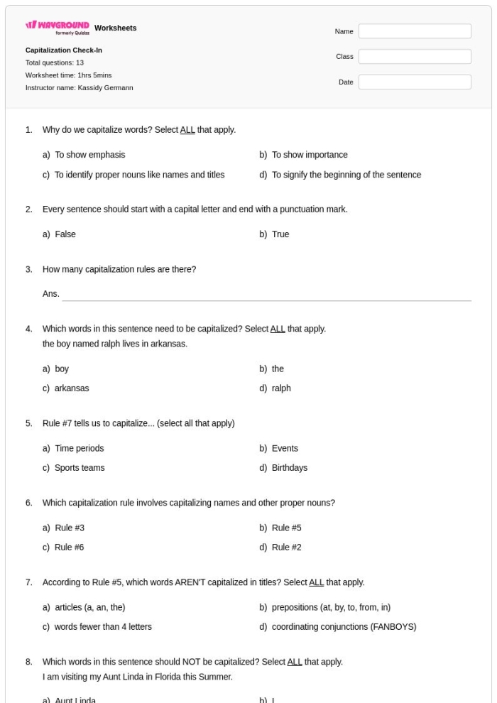 Time and Money worksheet for Fifth Grade Kids engaging with the Capitalization Check-In worksheet by rewriting sentences. Image featuring the Capitalization Check-In worksheet for fifth graders focusing on sentence correction.