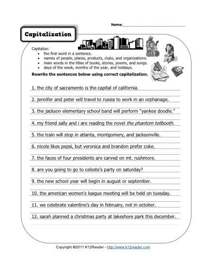 Fifth-grade students focusing on capitalization skills in a time and money context Kids engaged in rewriting sentences to practice capitalization on the Capitalization Check-In worksheet