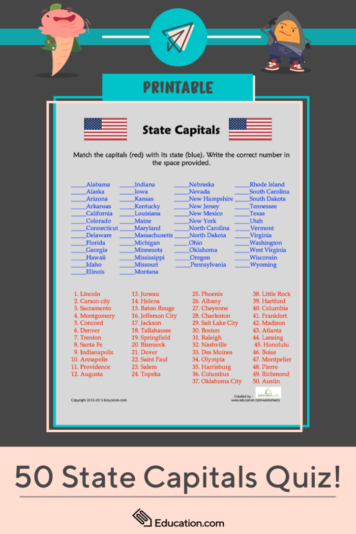 Fifth grade student matching state capitals to their correct U.S. states on a quiz worksheet