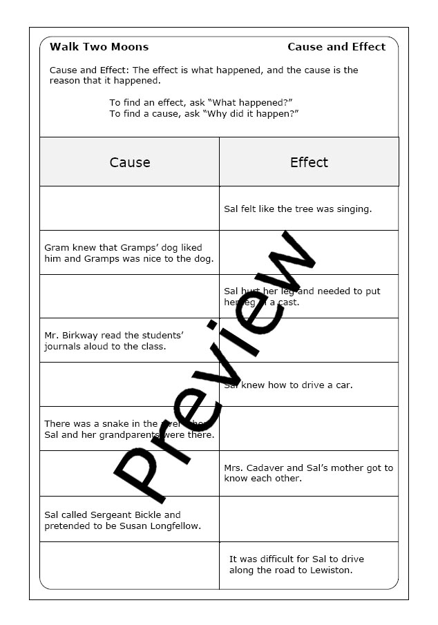 Explore cause and effect with this engaging worksheet featuring a passage from Walk Two Moons Targeted reading skills worksheet on cause and effect from Walk Two Moons for fifth graders