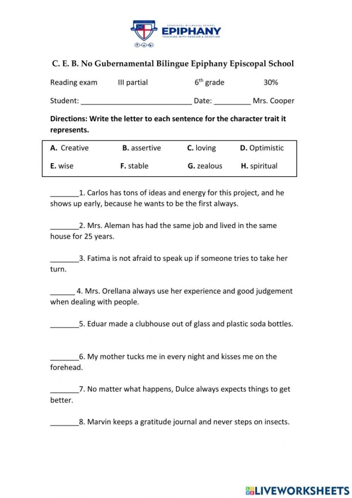 Fifth grade student worksheet for reading and comparing character traits