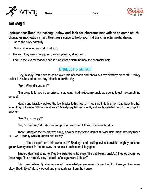 Fifth grade student completing a worksheet on determining character motivation with word banks and sentence frames