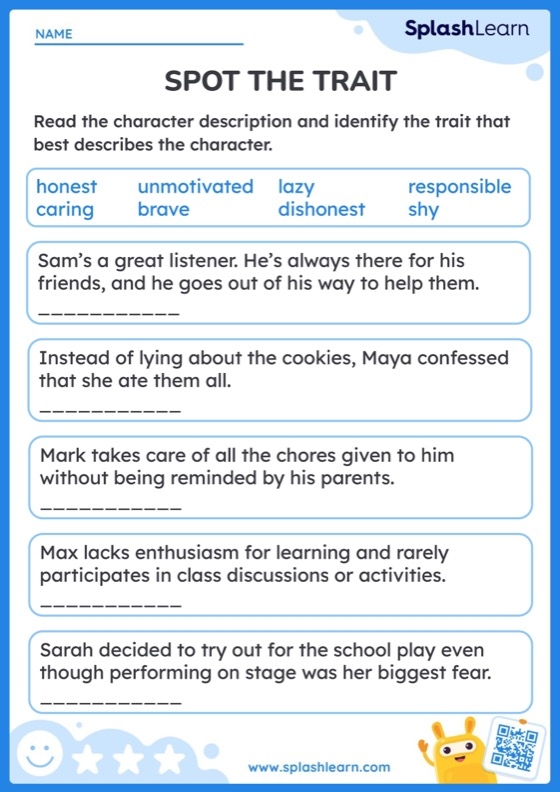 Fifth grade students comparing character traits in a reading worksheet